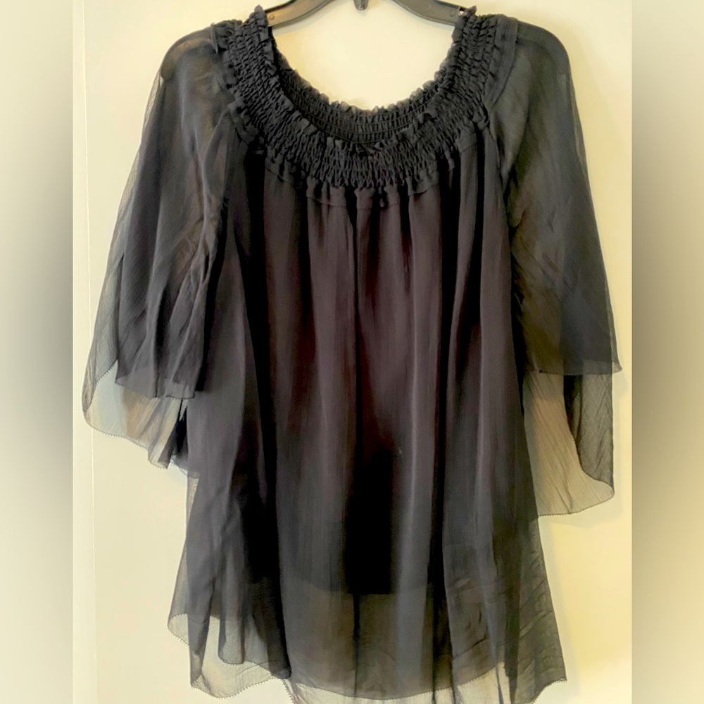 Elie Tahari black sheer smocked neck tunic top with lining Size L